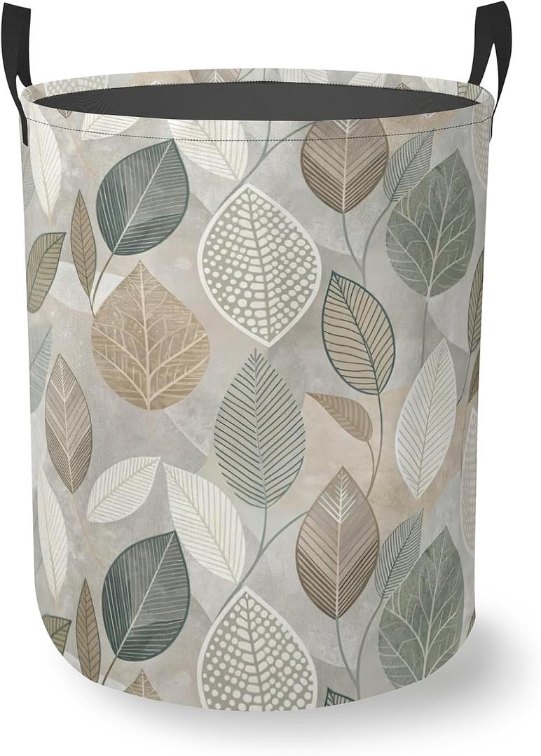 Boho Green Leaves Round Laundry Hamper Storage Basket Toys Clothes Organizer Bin For Home Bathroom Bedroom Dorm Nursery