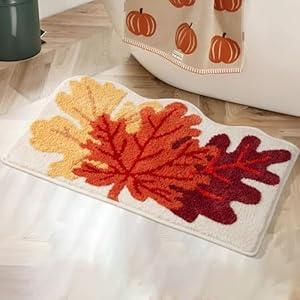 DyeFury Fall Bathroom Rugs Maple Leaf Rug, Cute Fall Decor for Autumn Farmhouse Bathroom Kitchen, Non-Slip Fun Fall Pumpkin Bath Mat, Washable Microfiber Bath Rug, 20'' x 30'', Yellow/ Orange/ Rust