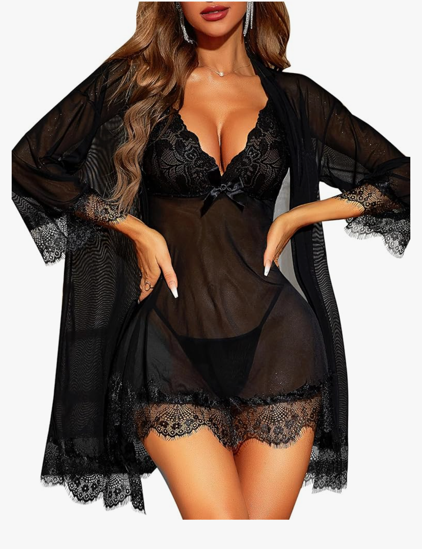 RSLOVE Women Sexy Lingerie Set 3 Piece Babydoll & Lace Kimono Robe Strap Chemise Sleepwear Mesh Nightgown, Size L