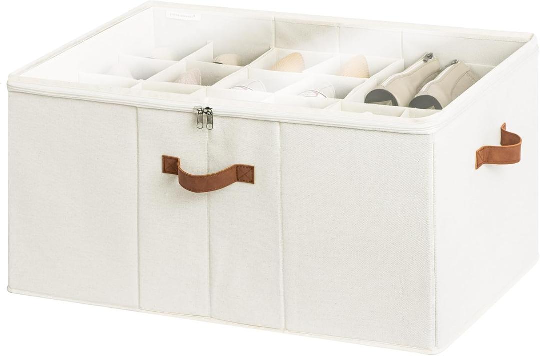 StorageWorks Shoe Organizer for Closet, Fits up to 24 Pairs, Shoe Cubby Storage Containers with Adjustable Dividers and Clear Cover, Beige (Large)