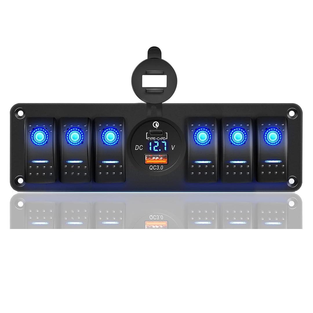 6 Gang Waterproof Rocker Switch Panel with PD Type C and QC 3.0 USB Charger, Voltmeter, for Cars,Trucks,Boats,and RVs (12V-24V)