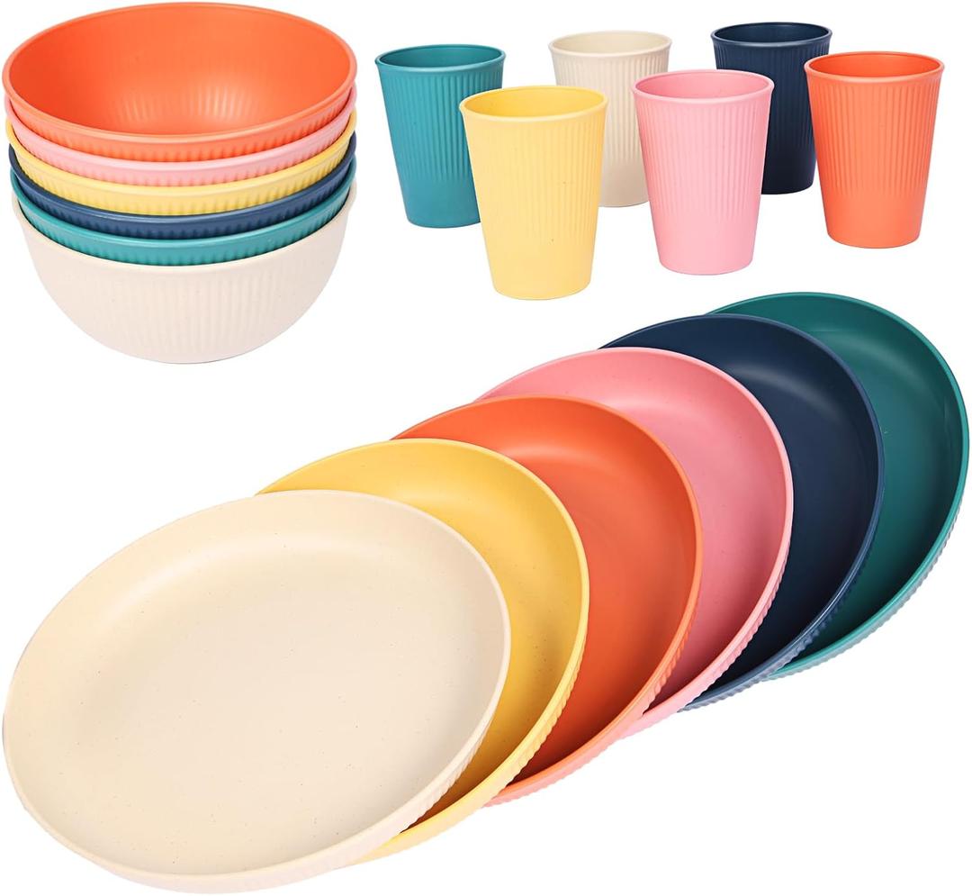 18pcs Wheat Straw Dinnerware Sets, Unbreakable dish Set Reusable Plates, Bowls, and Cups Set dishes Dishwasher Microwave Safe for Kitchen Outdoor Travel Camping (Macron Color)