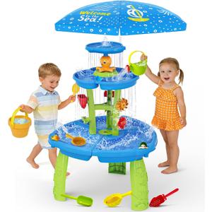 Handwell Water Table for Toddlers 3-5, 3-Tier Rain Showers Splash Pond Water Play Table with Umbrella & Water Toy Accessories, Kids Summer Outdoor Toys, Water Activity Sensory Playset for Boy Girls 3+, 34.64 inches