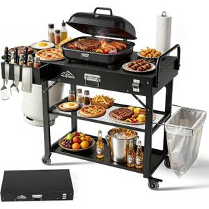 Grill Cart for Blackstone Griddle, Foldable Outdoor Grill Table with Wheels for Ninja, Pizza Oven Stand Grill Stand Fit 17 or 22 Inch Tabletop Griddle, Portable BBQ Prep Station with Tool Hooks