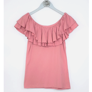 Womens Top Medium Pink Ruffle Off Shoulder Stretch Blouse Shirt size XL, sleeve -50"