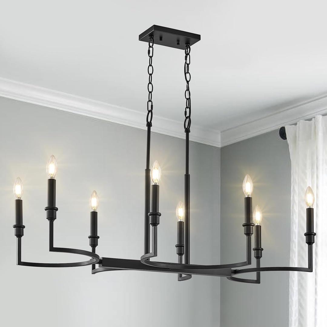 8-Light Black Chandelier Rectangular Dining Room Chandelier Over Table Metal Candle Chandelier Light Fixture Retro Black Island Lighting 37in