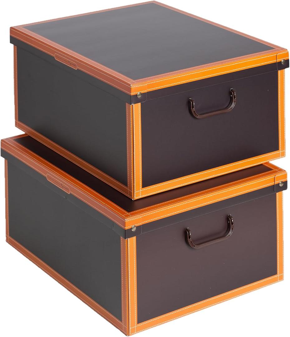 Lavatelli: Storage Box 2 Pack: Large - Leather Brown - Lid-Handles, Decorative Cardboard Organizer, Stack-Fold, Home-Clothes-Linen, 19.7 x 15.7 x 9.8