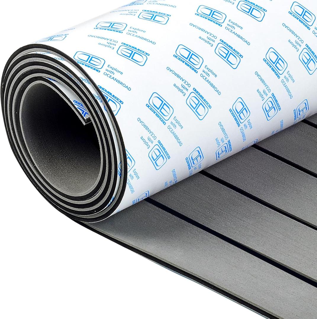 OCEANBROAD Boat Flooring EVA Foam Self-Adhesive 96''x45.6''/36''/28.8''/16.8'' Faux Teak Marine Boat Decking Sheet for Jon Boats Yacht Floor (Gray with Black Lines)