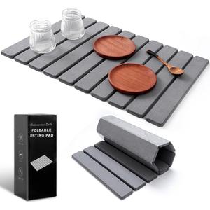 Large Stone Drying Mat for Kitchen Counter & Bathroom Floor  Quick Dry Diatomaceous Earth Mat 24"x16", Foldable Dark Gray Pad for Dishes or Wet Feet