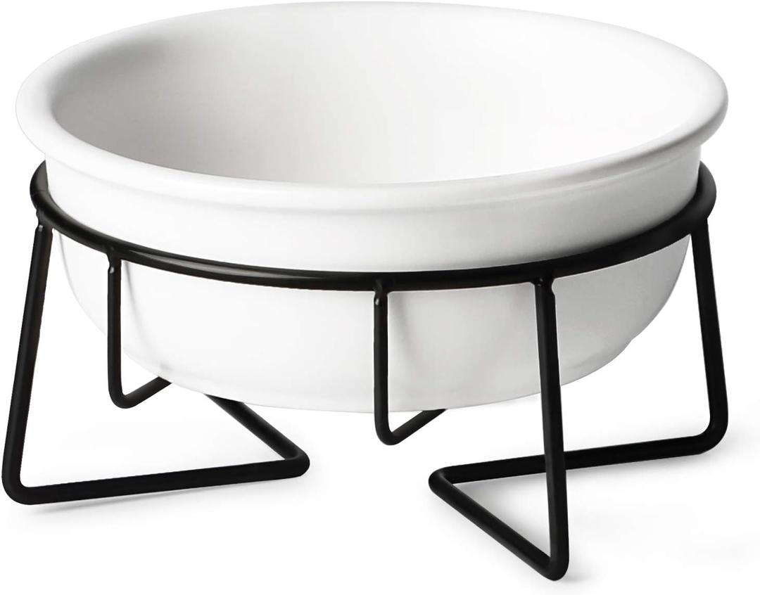 Ceramic Raised Cat Dishes or Small Dog Bowl with Metal Stand 12 oz, Pet Food or Water Bowls, White