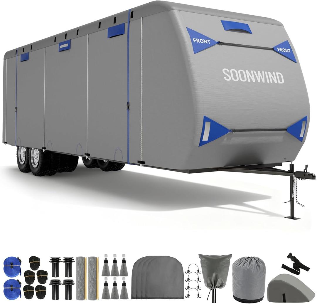 Heavy Duty 7 Layers RV Cover, Camper Cover & Travel Trailer Cover 30-33ft, Waterproof Windproof All-Weather Protection with Tongue Jack Cover, Gutter Covers & Reinforced Straps - Blue