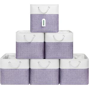 ECDYQXVU 13x13 Inch Cube Storage Bins with Reinforced Bottom Cardboard, 6 Pack Large Foldable Fabric Storage Cubes with Handles for Shelf, Closet, Laundry Organization (White&Purple)