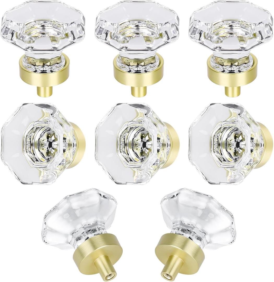 Gold Crystal Glass Cabinet Knobs, Satin Brass Pulls and Knobs for Cabinet Dresser Drawer(8Pcs,Octagon)