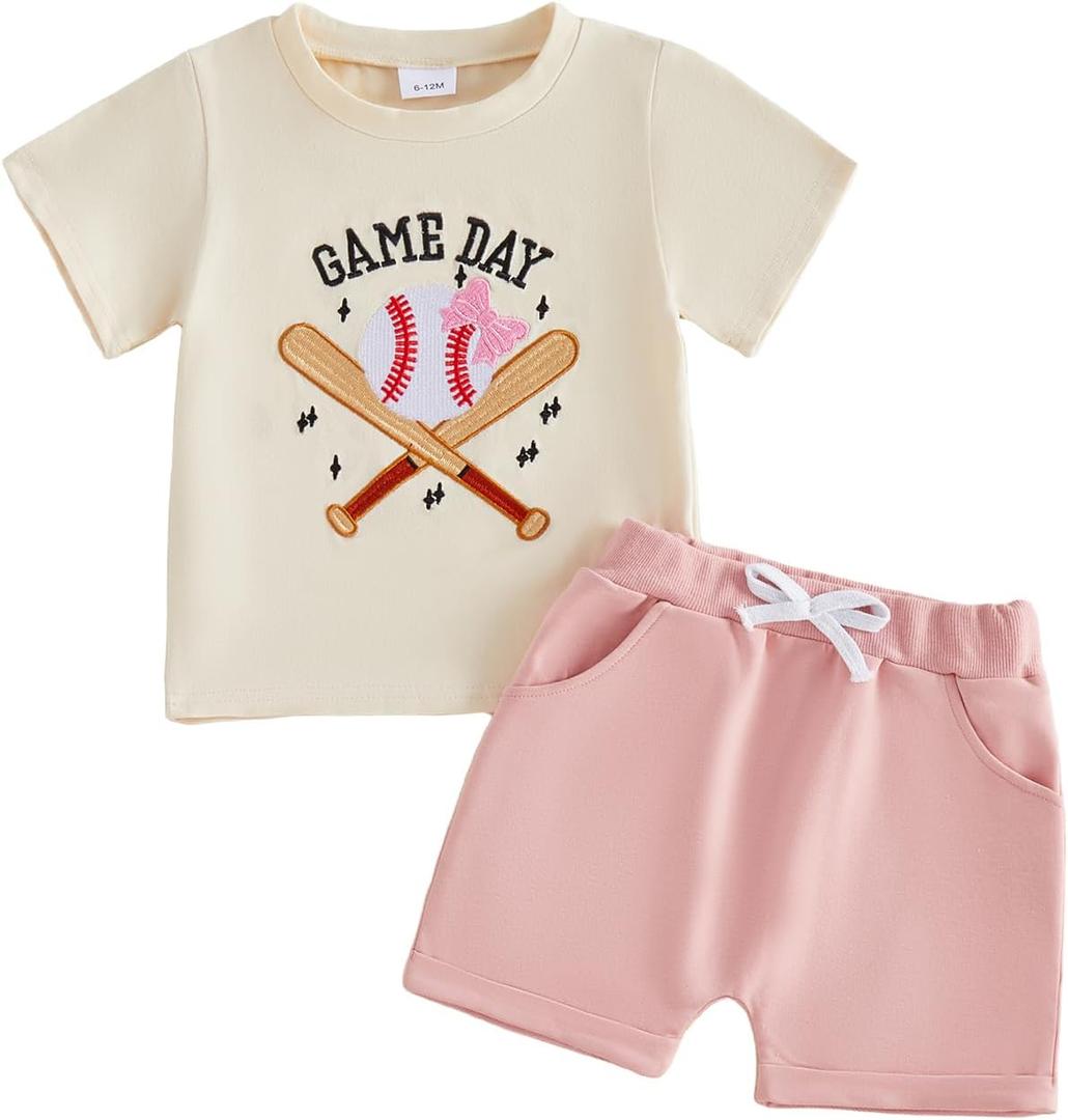 Toddler Baby Girl Game Day Outfit Summer Clothes Ball Theme Embroidery Short Sleeve T-Shirt Shorts 2Pcs Set (Pink)