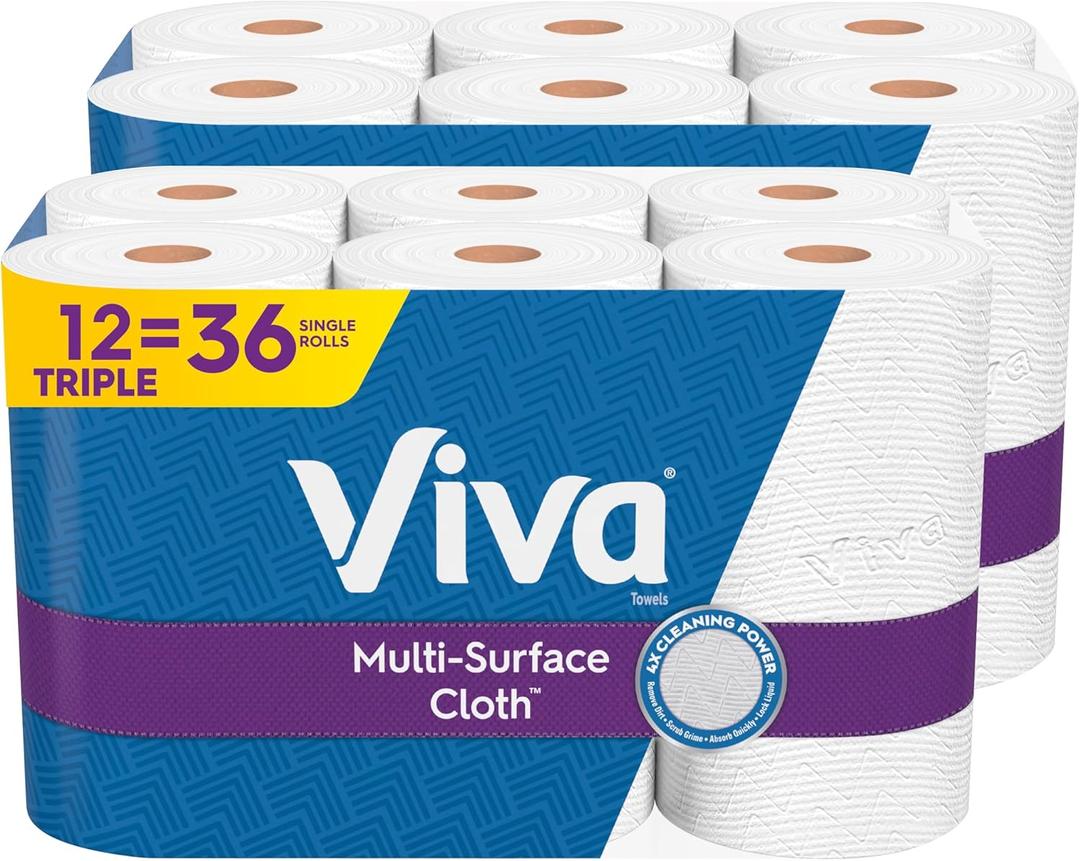 Viva Multi-Surface Cloth Paper Towels, 12 Triple Rolls, 165 Sheets Per Roll (2 Packs of 6) (165 Sheets (Pack of 12), White)