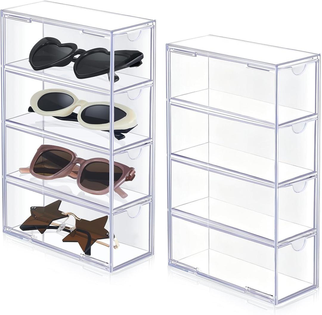Sintuff 2 Pieces Acrylic Sunglass Organizer Clear Sunglass Holder with 4 Drawers Glasses Organizer for Women Clear Eyeglass Holder Eyewear Display Case Multiple Pair for Glasses Jewelry Watch Storage (White)