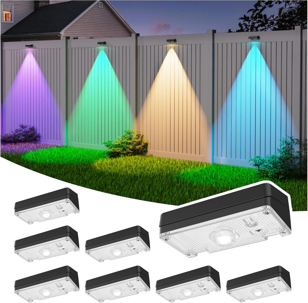 8 Pcs Solar Fence Lights,Fence Lights Solar Powered Waterproof IP65 Multicolor Led 12 Fixed Colors RGB Color Changing for Pool, Deck, Patio, Porch, Stairs, Holiday