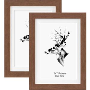 Yaetm 5x7 Picture Frame with Mat for 4x6 Set of 2, Walnut Brown, Solid Wood Photo Frames 5x7 with Tempered Glass, Display on Tabletop or Wall Mounting (2 pack, Walnut)