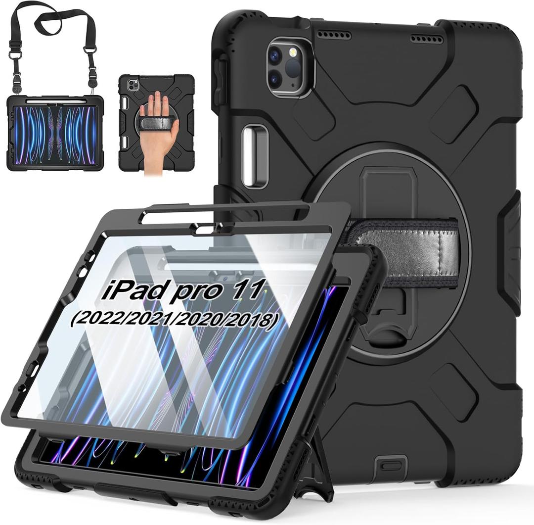 Case for iPad Pro 11 Inch (2022/ 2021/ 2020/ 2018): Silicone Cover for iPad 11 (4th/ 3rd/ 2nd/ 1st) Generation with Screen Protector- Stand- Handle- Shoulder Strap- Pencil Holder- Black
