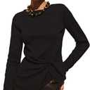 URBAN REVIVO Long Sleeve Asymmetrical Tops for Women Ruched Slit Fitted Basic Tees Y2k Going Out Tunic Shirts (Black, S)