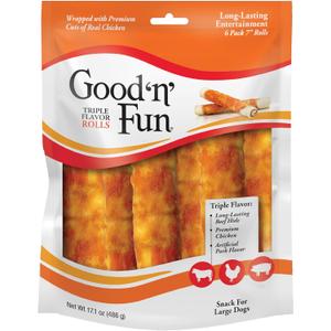 Good n Fun Triple Flavor Rolls for Large Dogs, Treat Your Dog to Long-Lasting Chews Made with Real Beef Hide and Chicken, 6 Count (EXP 11/21/28)