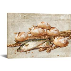 KREATIVE ARTS Two Fish and Five Loaves Wall Art 16x24 Inch Rustic Kitchen Canvas Print Vintage Bread and Fish Painting Farmhouse Dining Room or Restaurant Wall Decoration Ready to Hang