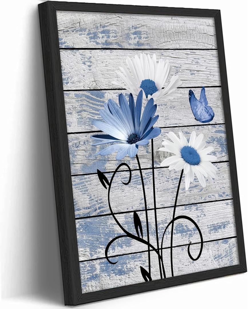 Black Framed Daisy Floral Wall Art Rustic Farmhouse Blue Flower Painting Wall Decor Nature botanical Butterfly Flowers Pictures Poster Print Artwork for Bathroom Living Room Bedroom Home Decoration, 24"L x 16"W