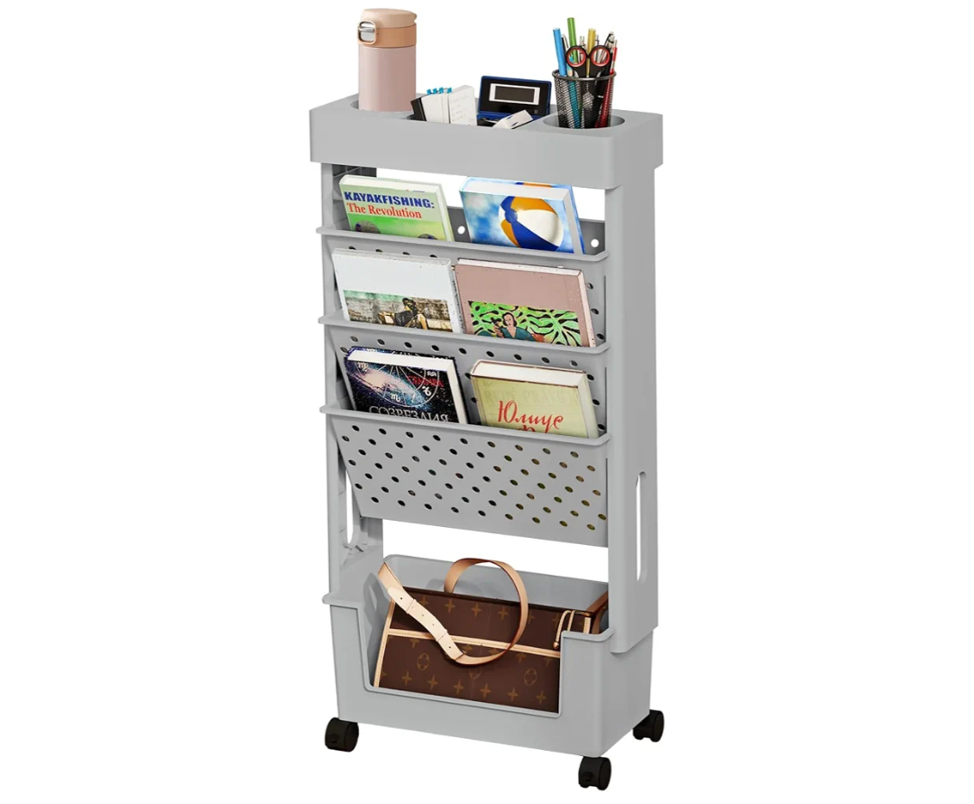 BYFU 5-Tier Movable Bookshelf Cart, Rolling File Paper Storage Organizer Mobile Bookcase with Wheels for Home Office Study Classroom, Grey