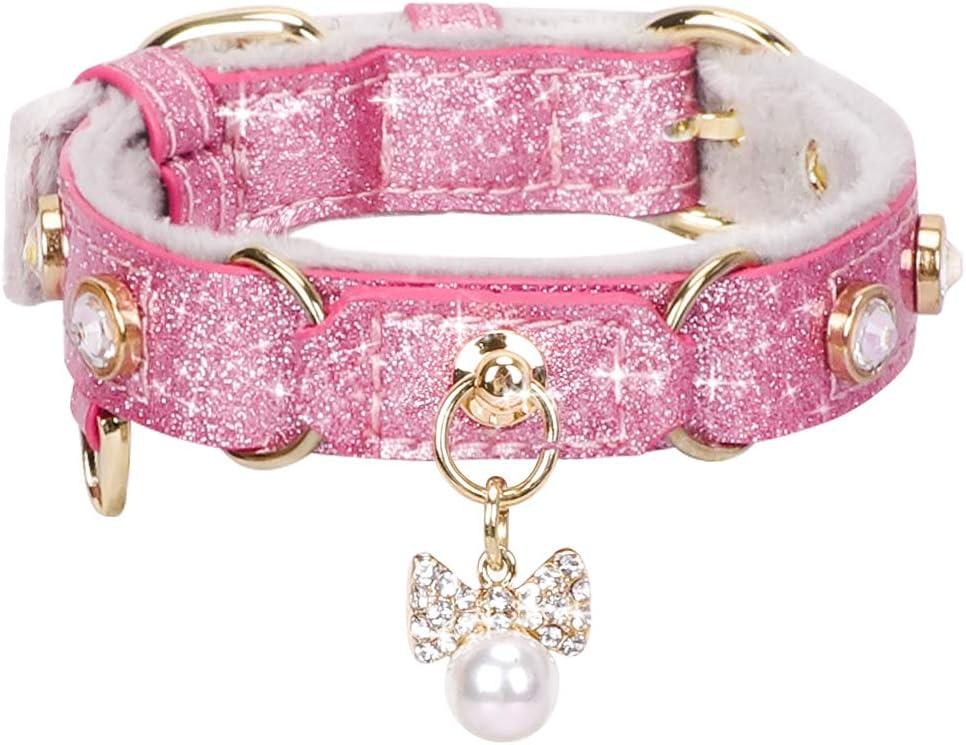 PetsHome Cat Collar, Dog Collar, [Bling Rhinestones] PU Leather Adjustable Pet Collar with Luxury Pendant for Big Cat and Small to Medium Dog Small Pink (Small (Pack of 1))