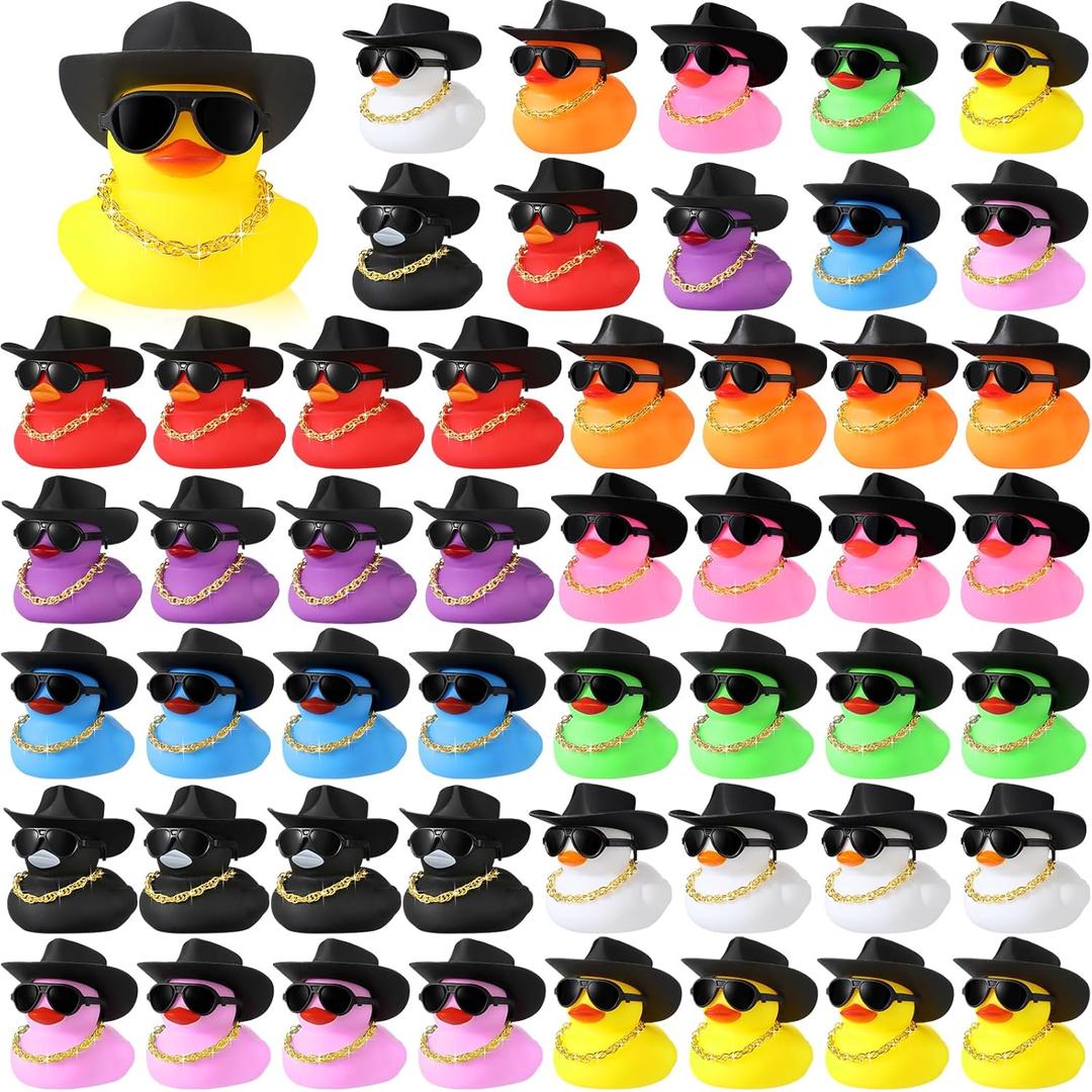 Sotiff 48 Sets Rubber Duck Squeaky Duck Party Duckies Car Dashboard Decorations with Mini Necklace Hat and Sunglasses for Shower Birthday Swimming Party(Cute Color)