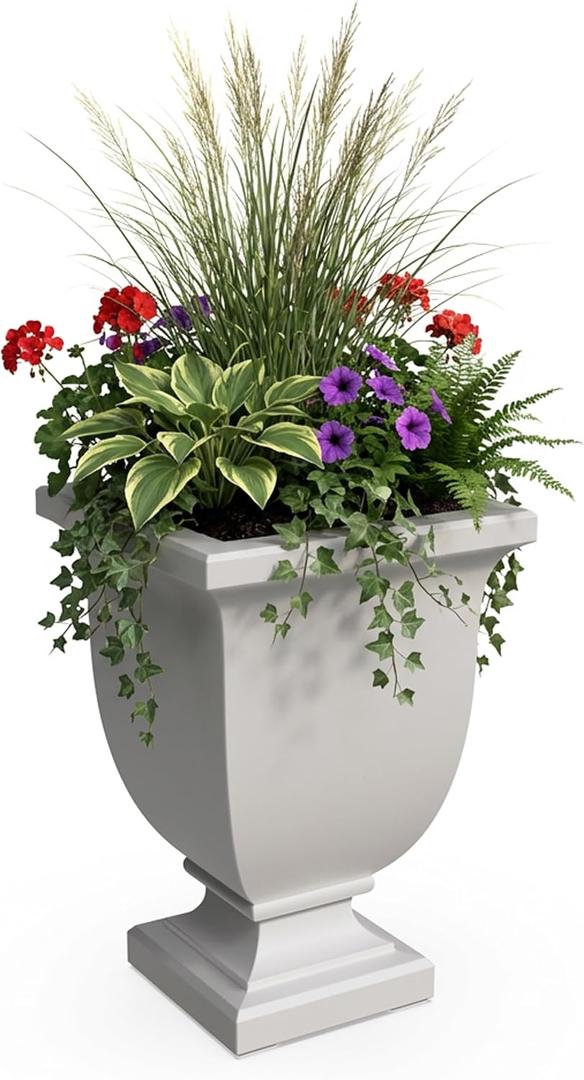 Mayne Augusta 26in Self-Watering Tall Square Urn Planter, White | Self-watering, All season, Fade resistant, Reversible planting shelf