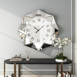 SHYFOY Decorative Wall Clock, 22 inch Mirrored Large Wall Clock, Silver Modern Silent Wall Clocks Diamond Beveled Frame Edge, Home Art Deco for Living Room, Dining Room