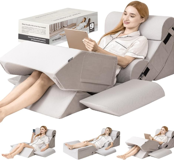 9PCS Orthopedic Bed Wedge Pillow Set for After Surgery Recovery, Body Positioners for Back and Leg Pain Relief, Adjustable Memory Foam Comfort for Sitting up in Bed, Ideal for Adult Acid Reflux & GERD