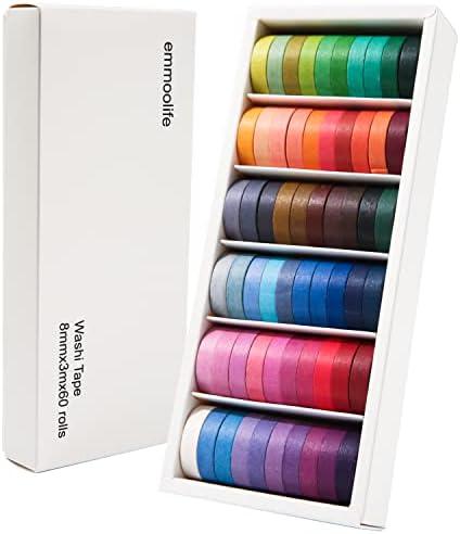 60 Rolls Washi Tape Sets 8mm Wide 10ft Long Basic Solid Color Rainbow Colored Decorative Thin Masking Tapes for Arts, Children Gifts, Bullet Journals, Wrapping Planner, Calendar, Scrapbooking DIY