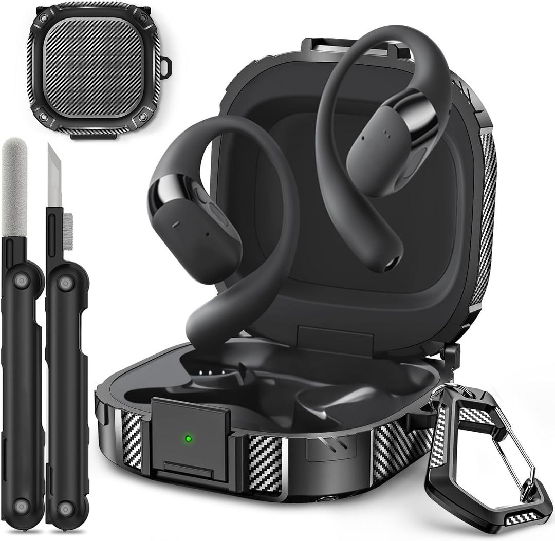 for SHOKZ OpenFit 2 Case Secure Lock Design, Shock Protective Hard Cases Compatible with SHOKZ OpenFit 2 Open-Ear Headphones Case Cover with Keychain & Cleaning Kit (Black)