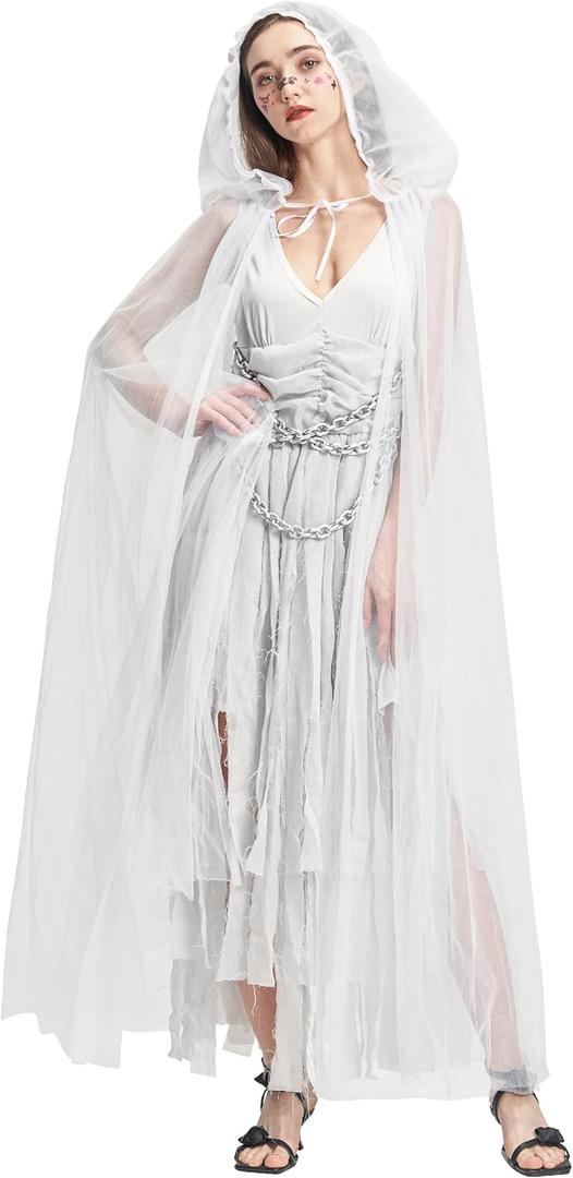 Women Zombie Bride Costume, Ghost Bloody Dress Cape Veil Headband Corpse Scary Outfit for Halloween Dress Up, Size: M
