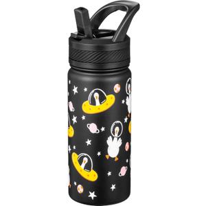 Fanhaw 18 Oz Kids Insulated Water Bottle with Straw - Stainless Steel Double Wall Vacuum Cup, Leakproof, BPA Free, Suitable for Boys and Girls (Black - Duck in Space)