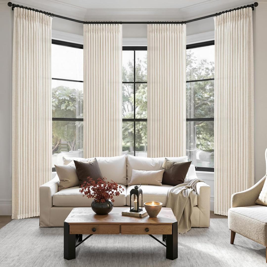 Sheer Pinch Pleated 90 Inch Curtains 4 Panels Set for Sliding Glass Doors, Ivory Beige Memory Trained Thick Linen Light Filtering Rustic Window Drapes Birch Living Room Curtain 40 x 90 Inches Long