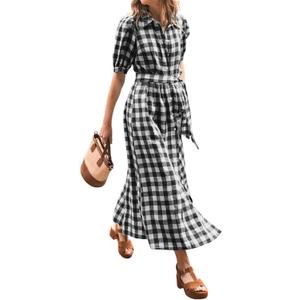 CHARTOU Women Summer Plaid Puff Short Sleeve Dress Button Down Long Shirt Dress with Belt Medium