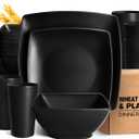 Teivio 32-piece Plastic Wheat Straw Square Dinnerware Set for 8, Unbreakable Dinner Plates, Salad Plates, Snack Bowls, Tumblers 20 oz, Dishwasher Safe, Black Matte