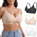 3 Pack Bra for Women No Underwire Seamless Full Coverage V-Neck Bralette with Adjustable Straps Removable Padding L