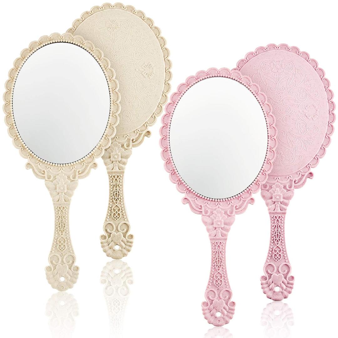 Jetec 2 Pieces Vintage Handheld Mirror Portable Embossed Flower Mirror Hand Held Decorative Compact with Handle for Face Makeup Travel Personal Cosmetic Salon(Pink, Cream)