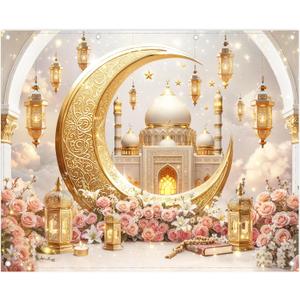 ZTHMOE 2D Digital Printing Fabric 10x8ft Ramadan Mubarak Photography Backdrop Eid Gold Crescent Moon Star Mosque Dome Islamic Muslim Castle Lantern Background Festival Party Decorations Photo Props