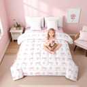 Erosebridal 7 Piece Bow Pink Comforter Set Queen Bed in a Bag for Girls Kids,Girly Pink Floral Coquette Bedding Sets Cute Bowknot Ribbon Heart Quilt Dreamy Princess Style Bow Sheets with Comforter