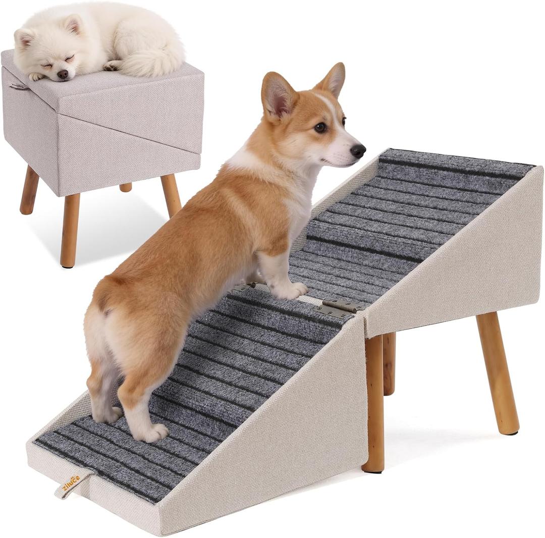 17.13" H Dog Stairs for Small Dogs, 2-in-1 Pet Steps & Ottoman - Foldable Dog Stairs for Couch, Non-Slip Wooden Pet Stairs for Puppy Senior Injured Dogs