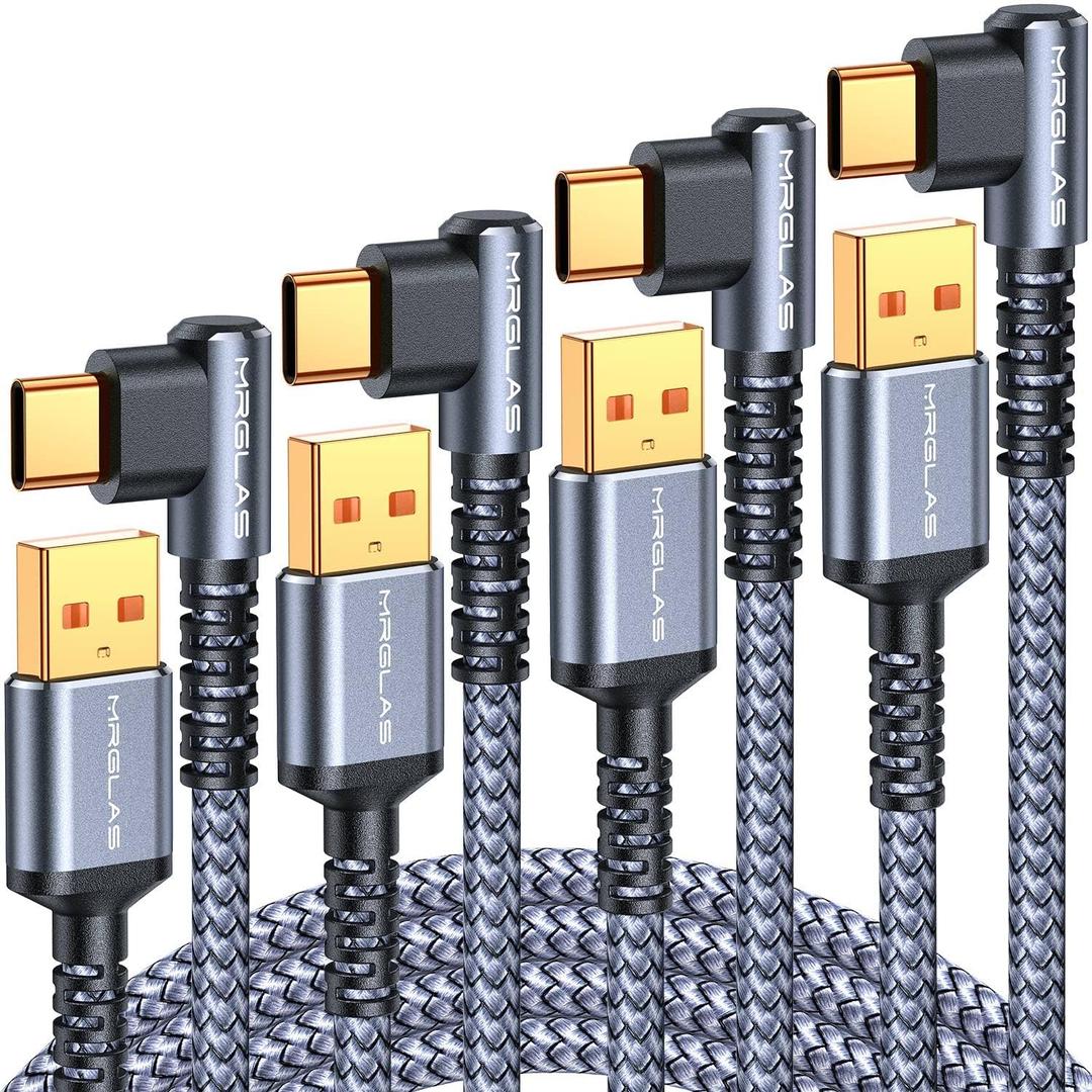MRGLAS USB C Cable 3.2AUpgraded 90& Gold-Plated, [4-Pack,10+6.6+3.3+1.6FT] Type C Fast Charging Cable Right Angle Nylon Braided USB A to USBC Cord for Samsung S25 Ultra S10 Note 10, LG, iPhone 16 (Grey)
