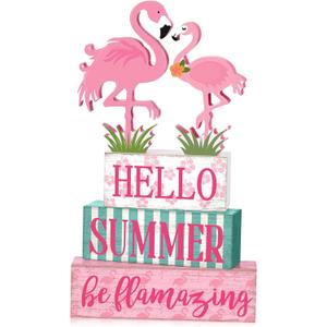 Yuntau 4 Pcs Summer Flamingo Table Decor Pink Flamingo Wood Sign Block Rustic Hawaii Tropical Tiered Tray Decor Farmhouse Hello Summer Table Centerpiece for Home Indoor Office Desk Shelf Decorations