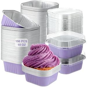 Aoriher 150 Pieces 10 oz Mini Cake Pans with Lids Aluminum Foil Baking Cups Square Disposable Cupcake Cups Baking Tins for Kitchen Brownie Pudding Desserts Muffin Ramekins Holders (Taro Purple)