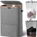 Laundry Basket with Lid,Double Laundry Hamper with Handles and 2 Removable Inner Bags,Large Hamper with Bamboo Handles for Laundry Room, Dorm and Bedroom,150L Grey