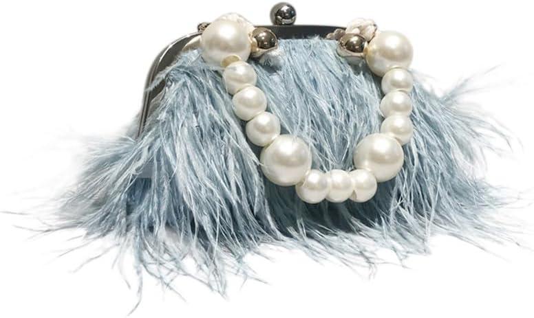 Ostrich Feather Evening Bags Fluffy Clutches for Women, Vintage Pearl Purse Tote Bag for Bridal, Banquet, Party Blue (8.5"*1.2"*8"(22CM*4CM*20CM))